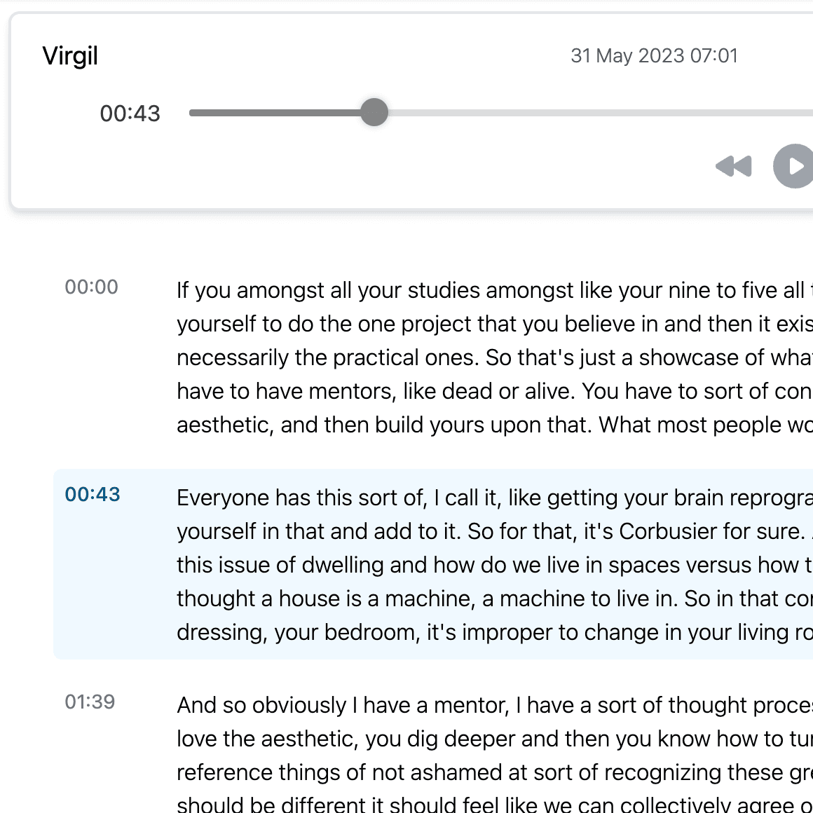 Transcript interface